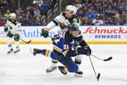 Wild winger Nic Deslauriers delivered a rugged check to the Blues’ Tyler Bozak during Game 4 of the teams’ first-round NHL playoffs series. 