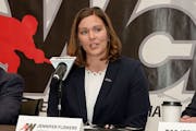 Jennifer Flowers at her introductory news conference after being named commissioner of the WCHA women’s league in 2019.