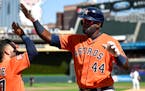 Astros slugger Yordan Alvarez celebrated his first of two home runs in Thursday’s regularly scheduled game against the Twins.