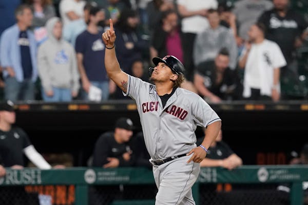 Cleveland Guardians’ Josh Naylor celebrated his game-tying grand slam off Chicago White Sox relief pitcher Liam Hendriks during the ninth inning Mon