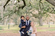 Vederian Lowe, his wife Haylee and their first son, Kingston, at their wedding in February 2021.