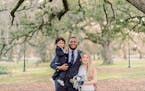 Vederian Lowe, his wife Haylee and their first son, Kingston, at their wedding in February 2021.