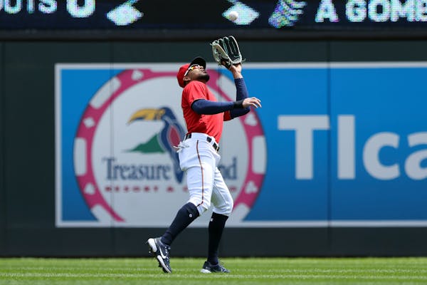 Byron Buxton caught a fly ball in center during Sunday’s victory over the Guardians.