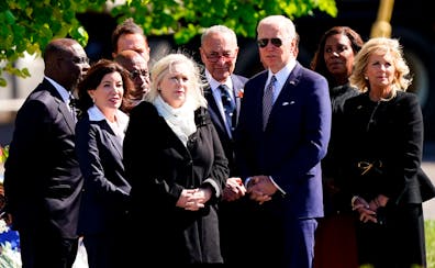 President Joe Biden and first lady Jill Biden meet with officials including, Buffalo Mayor Byron Brown, left, New York Gov. Kathy Hochul, Sen. Kirsten