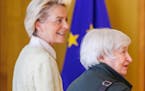 US Treasury Secretary Janet Yellen, right, is welcomed by President of the EU Commission Ursula von der Leyen in Brussels, Tuesday, May 17, 2022. Secr