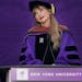 Taylor Swift speaks during a graduation ceremony for New York University at Yankee Stadium in New York, Wednesday, May 18, 2022.