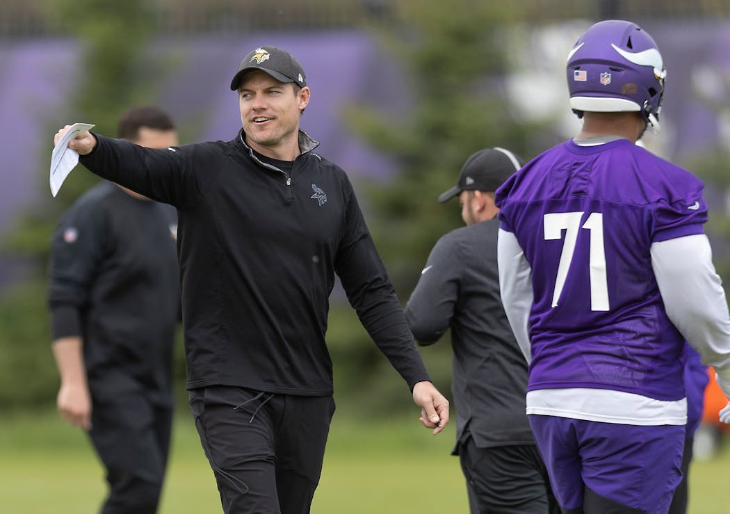 New Vikings coach Kevin O’Connell leads practice during organized team activities on Tuesday.