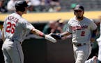 Max Kepler congratulates Luis Arraez after scoring in the sixth inning of Wednesday’s game against the Oakland Athletics