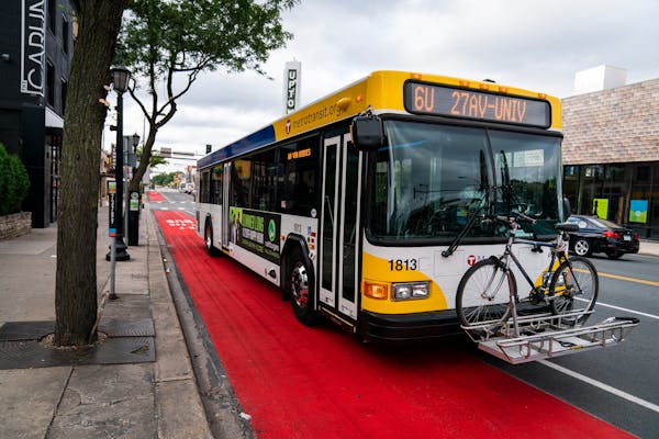 A Metro Transit bus drove north on Hennepin Avenue in a dedicated bus lane toward the Uptown Transit station.