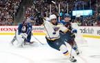St. Louis Blues left wing David Perron celebrates a goal against Colorado Avalanche goaltender Darcy Kuemper during the third period in Game 2