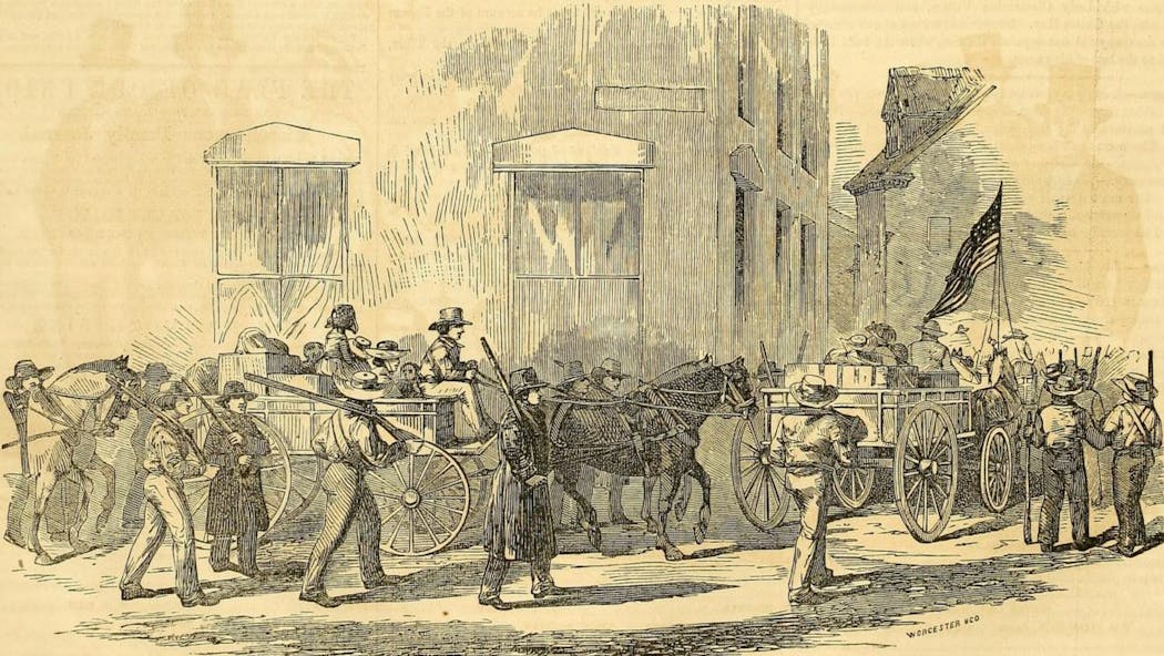 An 1851 drawing of Swedish immigrants passing through Boston 'on their way to the western states.' It was published that year in Gleason's Pictorial Drawing Room Companion, a Boston magazine.