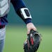 Twins catcher Ryan Jeffers wore the PitchCom transmitter on his left wrist during a game at Baltimore earlier this month. 