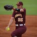 Gophers righthander Autumn Pease prepared to deliver a pitch against Texas A&M on Saturday night in Norman, Okla.