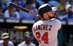 The Twins’ Gary Sanchez batted in the tying run in the ninth inning against the Kansas City Royals.