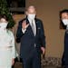 Japanese Prime Minister Fumio Kishida, right, and his wife Yuko Kishida welcome U.S. President Joe Biden at Hoppoen garden for dinner in Tokyo, Japan,