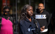 Khadija Ba, 18, a North High senior student leader spoke about the reinstatement of North High School Principal Mauri Friestleben in Minneapolis, Minn