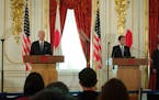 President Joe Biden and Japanese Prime Minister Fumio Kishida attend a joint news conference following their bilateral summit at the Akasaka State Gue