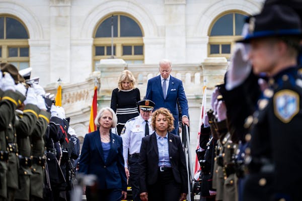 President Joe Biden and first lady Jill Biden arrive at the National Peace Officers’ Memorial Service at the Capitol in Washington on Sunday, May 15