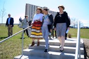 Interior Secretary Deb Haaland arrived for a news conference with Lt. Gov. Peggy Flanagan and U.S. Sen. Amy Klobuchar on May 6 at Midway Peace Park in
