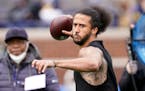 Colin Kaepernick throws during halftime of an NCAA college football intrasquad spring game at Michigan, on April 2, 2022, in Ann Arbor, Mich. 