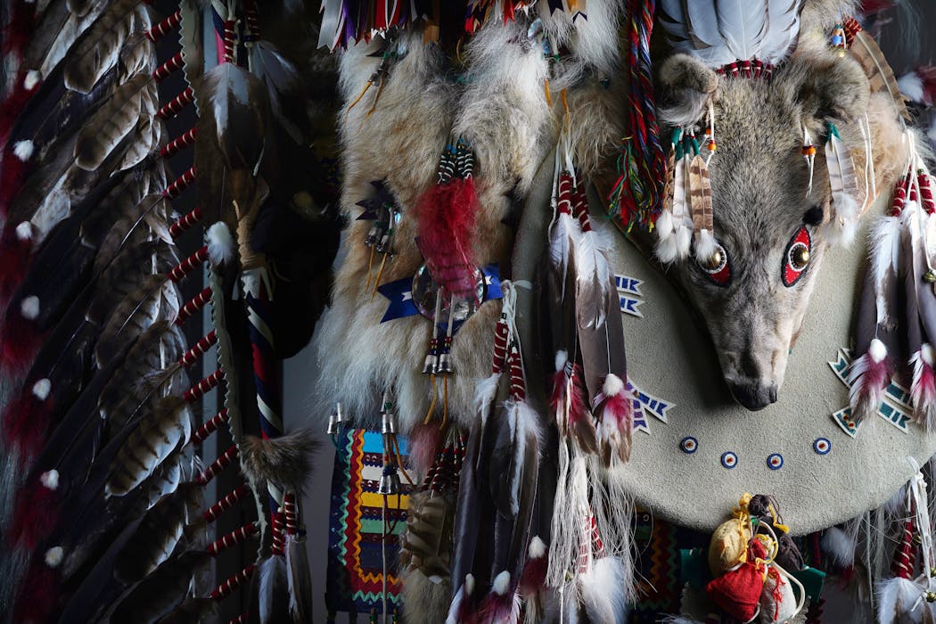 Regalia for a wolf dance made by Native American artists David L. Kline Sr. and Robert Kelly is on display at the International Wolf Center in Ely, Minn. The cape is made from wolf fur. Kline, also called Wolf Feather, described his inspiration for this piece: “The wolf to me symbolizes endurance ... the ability to go on no matter what's going on, just keep going. That's one reason I put it [wolf fur] behind my bells. They help me keep from getting tired when I dance.”