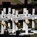 Crosses with the names of Tuesday’s shooting victims outside Robb Elementary School in Uvalde, Texas, on Thursday.