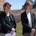 U.S. Sens. Amy Klobuchar and Tina Smith at a news conference in early May.