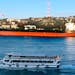 The Greek-flagged oil tanker Prudent Warrior, background, is seen as it sails past Istanbul, Turkey, April 19, 2019. 