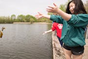 Highland Park High School freshman Sarah Lind-MacMillan, 15, throws fish into Thompson Lake in West St. Paul on Wednesday, May 6, 2015.
