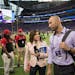 Ben Leber, right, talked with NBC’s Michele Tafoya during a Vikings game in 2017. 