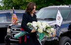 Vice President Kamala Harris arrives at a memorial near the site of the Buffalo supermarket shooting after attending a memorial service for Ruth Whitf