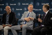 Wolves president of basketball operations Tim Connelly was flanked by owners Marc Lore, left, and Glen Taylor on Tuesday.