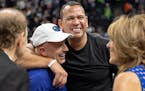 Marc Lore, Alex Rodriguez, Glen and Becky Taylor celebrate at the end of a Timberwolves game in April.