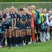 Minnesota Aurora players lined up for the national anthem before their match against the Green Bay Glory on May 26 at TCO Performance Center in Eagan.