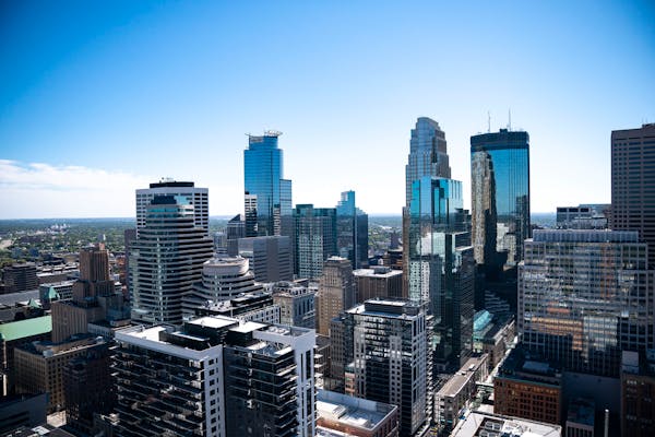 The downtown Minneapolis skyline in September 2021