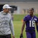Viking coach Kevin O’Connell walked with Justin Jefferson at the team’s mini-camp on Wednesday at TCO Performance Center.