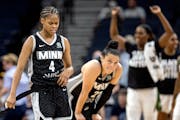 Moriah Jefferson (4) and Kayla McBride come to grips with the Lynx’s 81-79 loss to the Seattle Storm at Target Center on Tuesday night.
