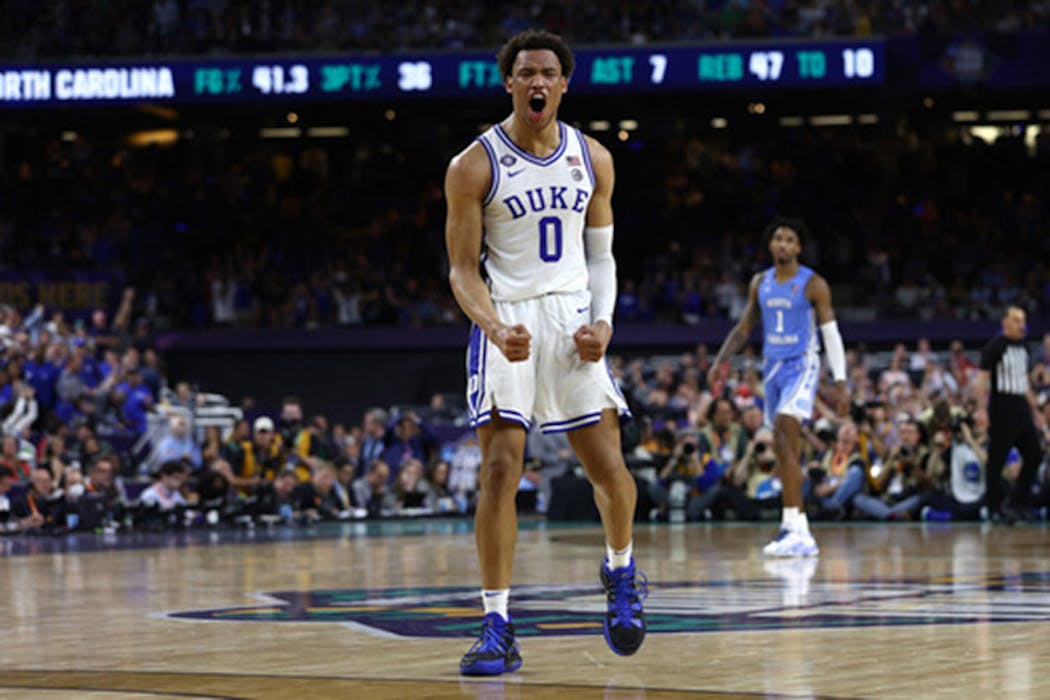 Duke’s Wendell Moore Jr. celebrates in the second half against North Carolina during the NCAA Tournament Final Four semifinal at Caesars Superdome on April 2, 2022, in New Orleans.