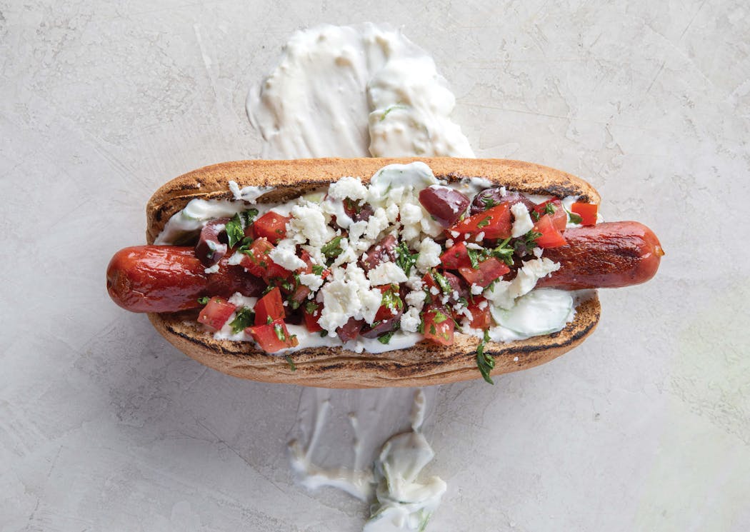 Hot dogs get a makeover thanks to Greek toppings.