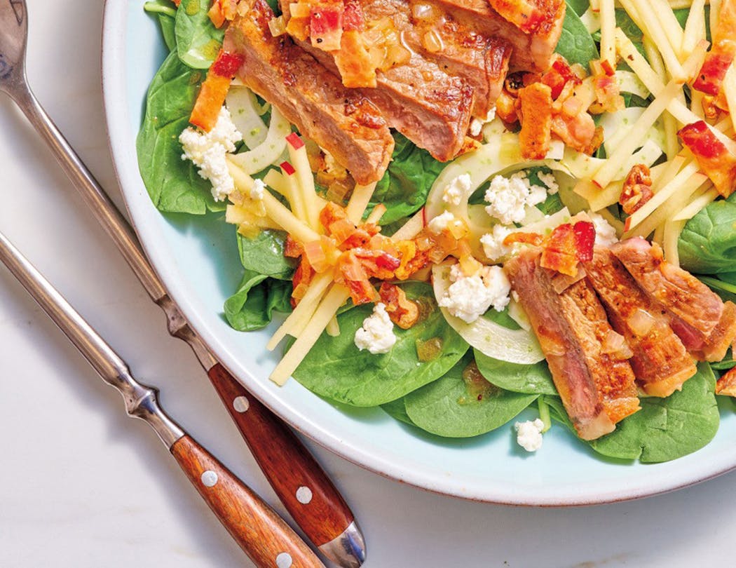 Spinach, Apple and Fennel Salad (with a bacon-shallot dressing) is good with or without steak.
