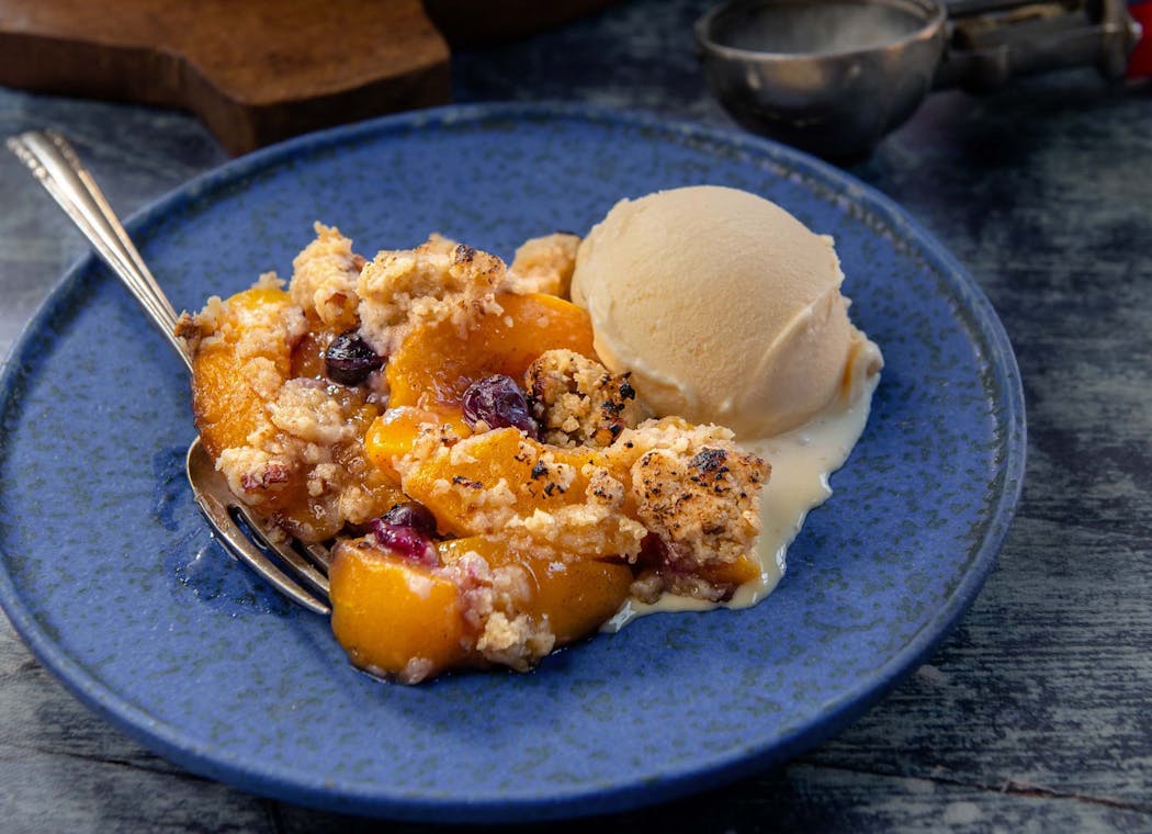 Blueberry-peach cobbler is good year-round — just substitute frozen fruit for the fresh.