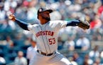 Astros pitcher Cristian Javier throws against the Yankees during the first inning Saturday