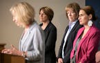 Planned Parenthood North Central States CEO and President Sarah Stoesz speaks during a news conference Saturday in St. Paul. U.S. Sens. Amy Klobuchar,