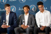 Timberwolves draft selections Walker Kessler, Wendell Moore Jr. and Josh Minott, left to right, during a press conference introducing the players Tues