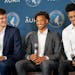 Timberwolves draft selections Walker Kessler, Wendell Moore Jr. and Josh Minott, left to right, during a press conference introducing the players Tues