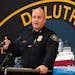 Duluth Police Chief Mike Tusken speaks from the