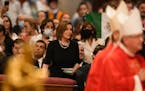 Speaker of the House Nancy Pelosi, D-Calif., looks at Pope Francis as he celebrates a Mass on the Solemnity of Saints Peter and Paul, in St. Peter’s