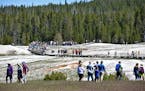 Tourists walked along a boardwalk in Upper Geyser Basin on June 22, 2022, in Yellowstone National Park, Wyo.