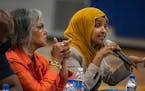 U.S. Rep. Ilhan Omar, D-Minn., sitting next to U.S. Rep. Robin Kelly, D-Ill., led the Gun Violence Community Conversation at North High in Minneapolis