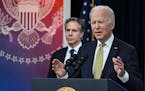 President Joe Biden announces additional military aid to Ukraine at The White House in Washington on Wednesday, March 16, 2022. Secretary of State Ant